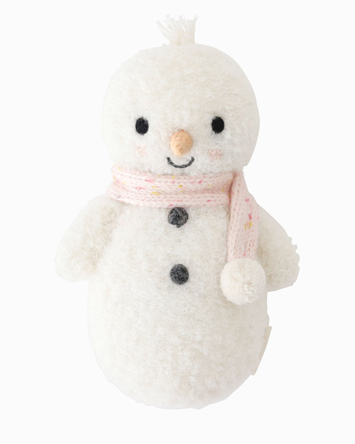 Cute baby snowman plush toy with candy fleck pattern from Cuddle + Kind, featuring soft fabric and charming winter-themed design.