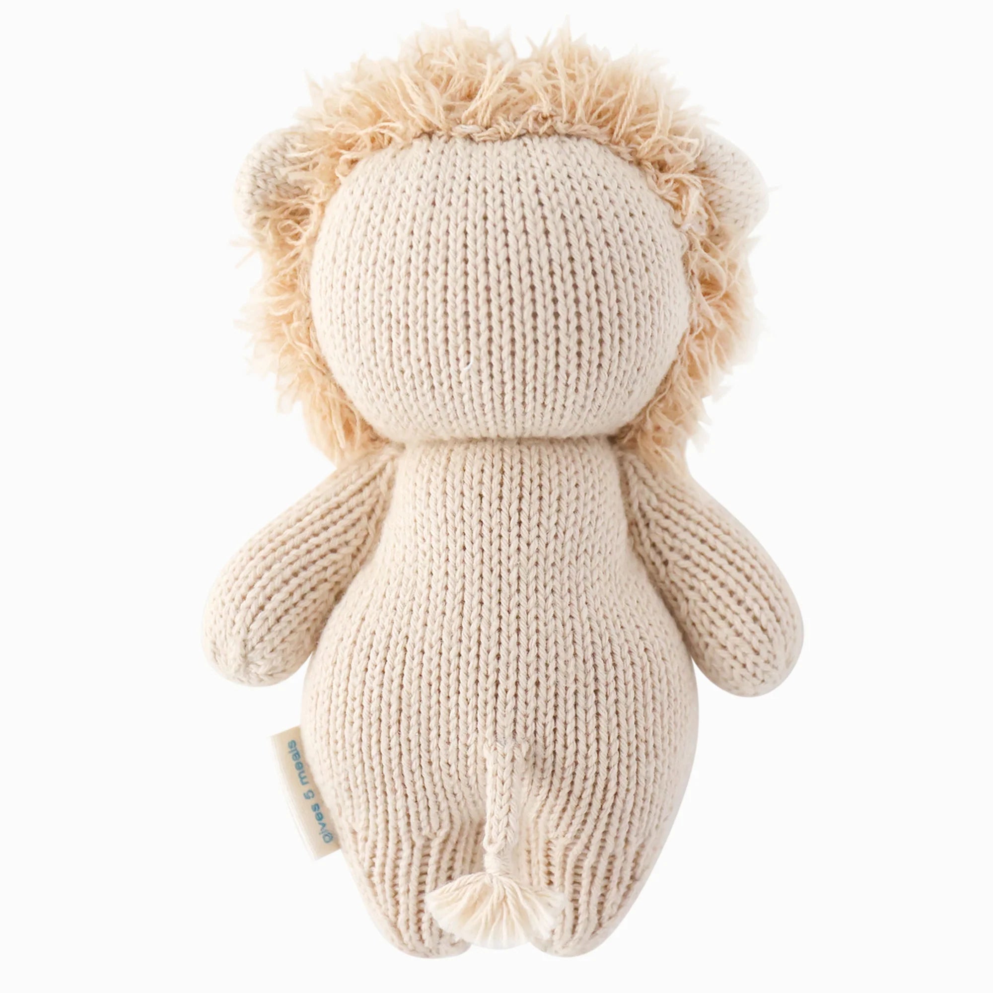 Back view of a soft, plush Baby Lion toy by Cuddle + Kind, featuring detailed lion fur and gentle facial features.