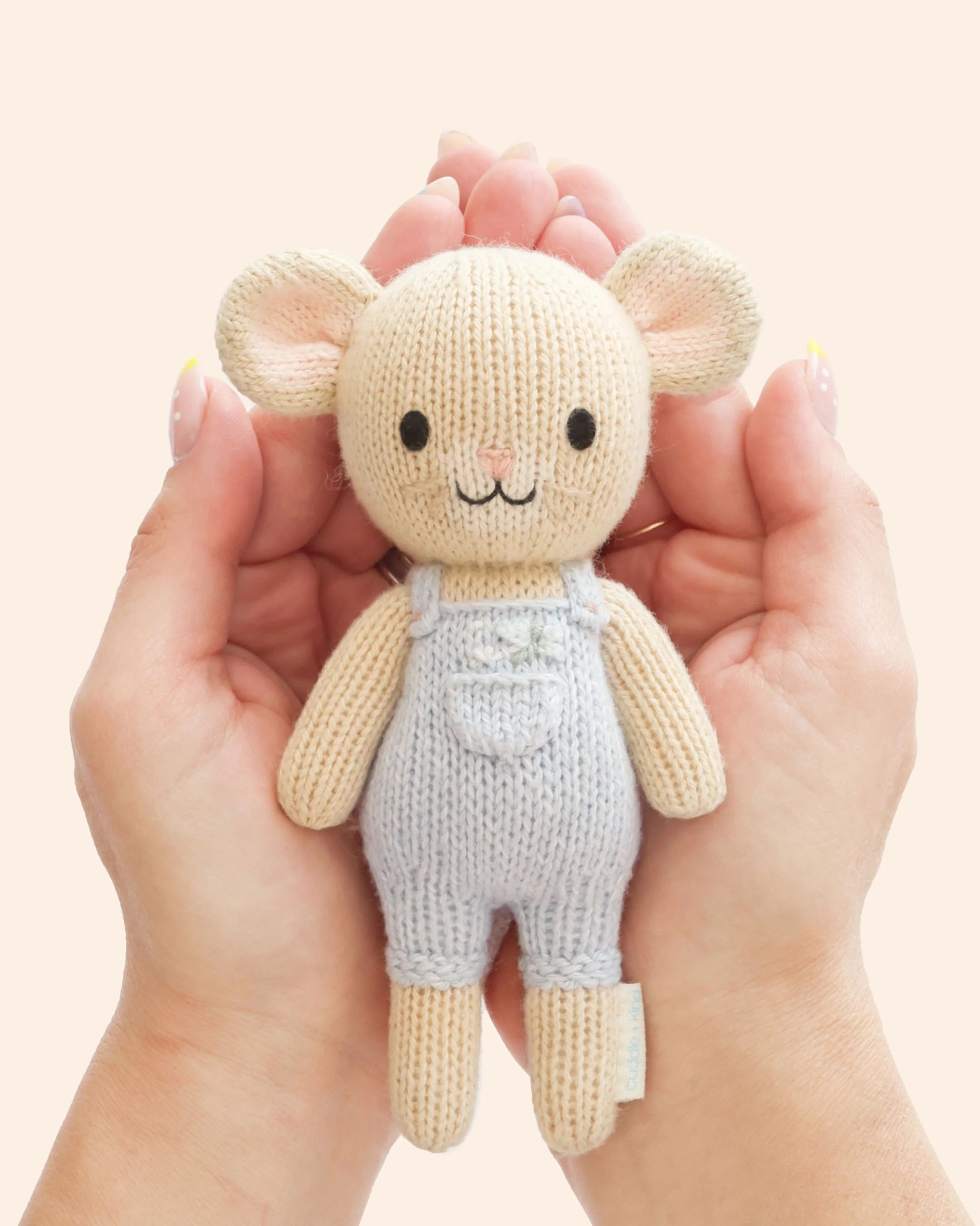 Tiny Bailey the Mouse plush toy from Cuddle + Kind, soft and cuddly with detailed features, perfect for children.