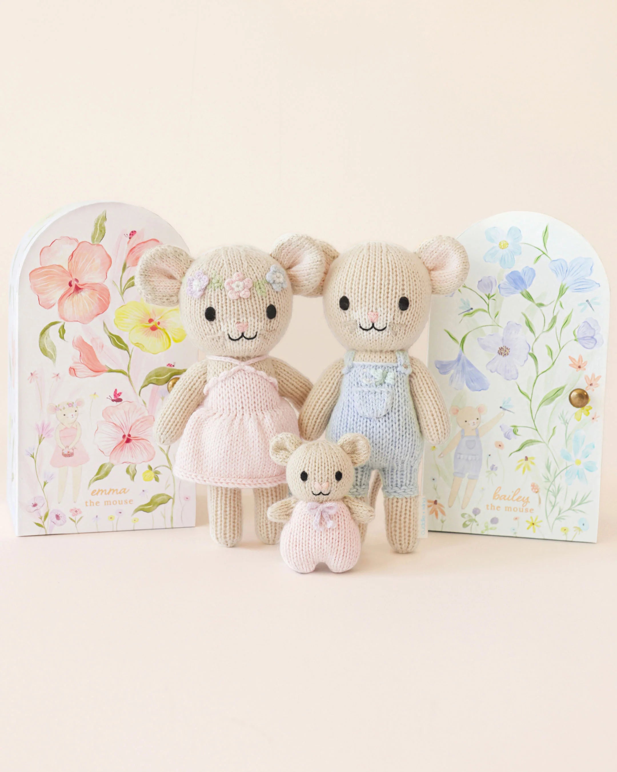 Tiny Bailey the Mouse from Cuddle + Kind, a soft plush toy with detailed mouse features and a gentle expression.