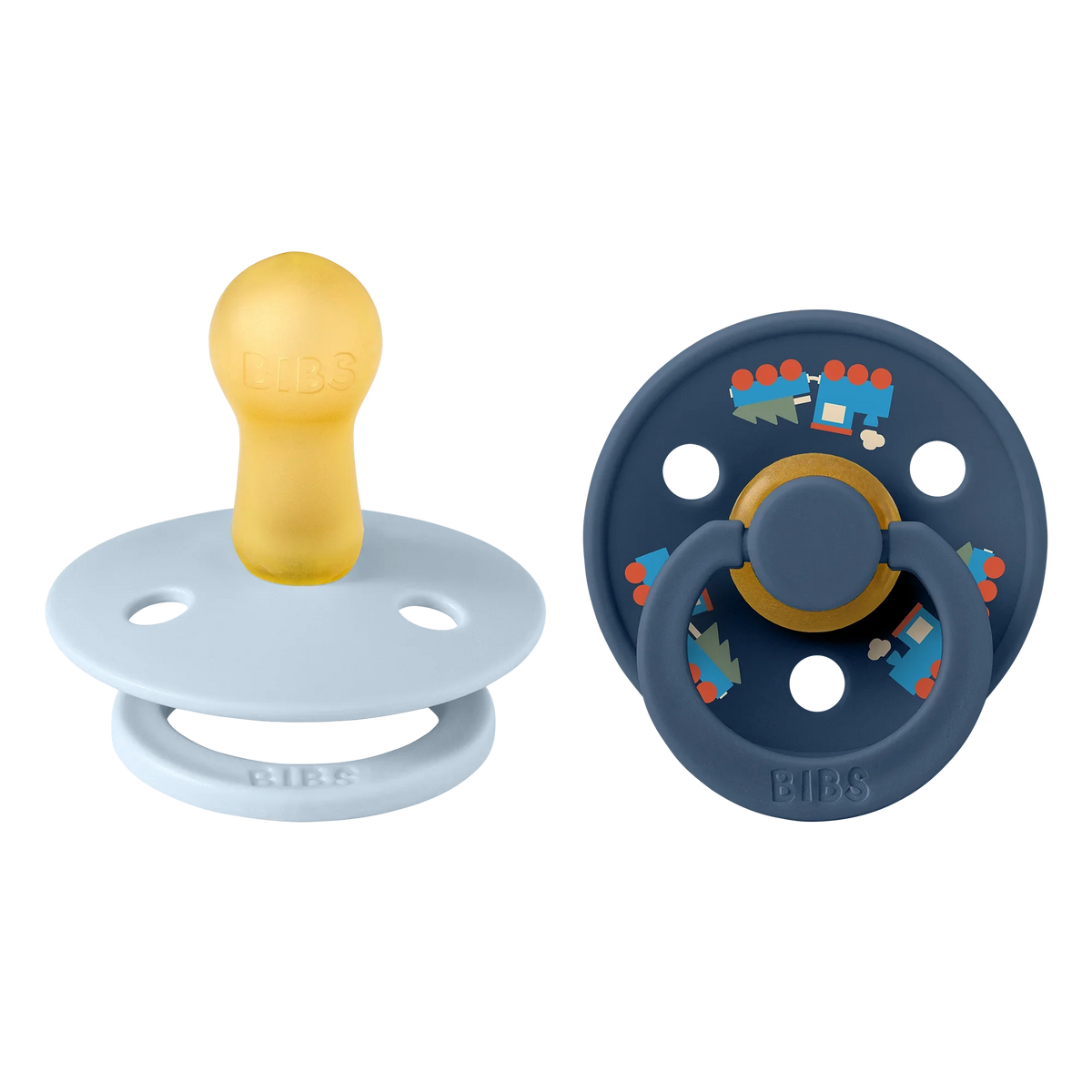 Gnash BIBS Colour Pacifiers 2 Pack in holiday train Blue and Steel Blue, soft silicone baby accessories with colorful train design.