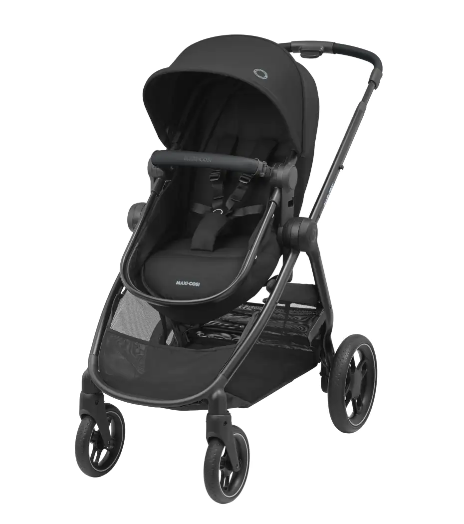 Maxi Cosi Zelia 3 travel system with black stroller and car seat, featuring adjustable handle and compact design for easy travel.