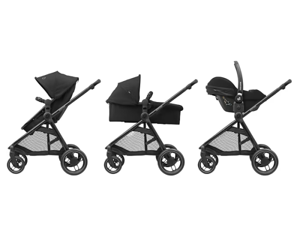 Maxi Cosi Zelia³ Travel System with stroller, Pebble 360 Pro car seat, and FamilyFix 360 Pro slide base in black, side view.