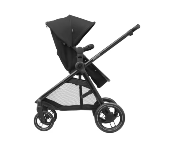Maxi Cosi Zelia³ Travel System with black stroller, Pebble 360 Pro car seat, and FamilyFix 360 Pro Slide Base on side view.
