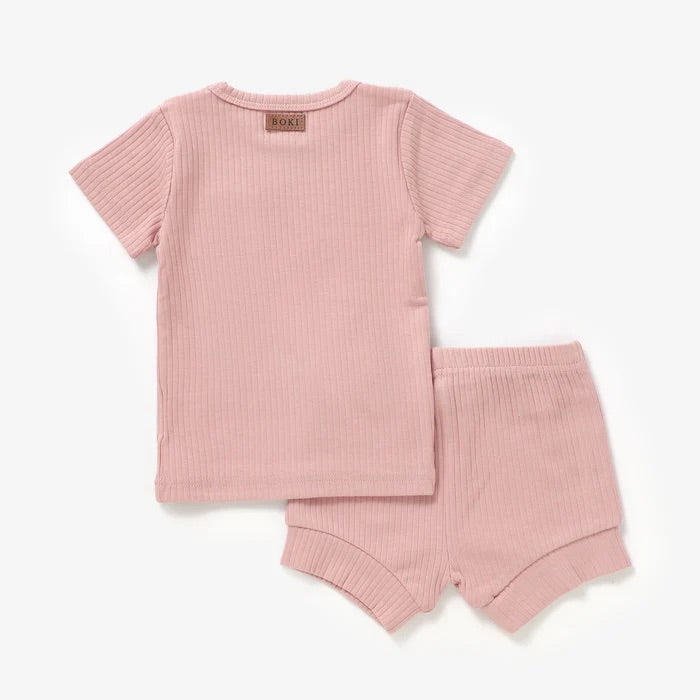 2 Piece Organic Rib Pyjama Set - Pale Rose