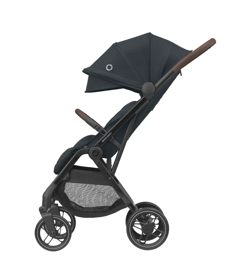 Maxi Cosi Soho Travel System with graphite stroller, Pebble 360 Pro car seat, and FamilyFix 360 Pro Slide Base, side view.