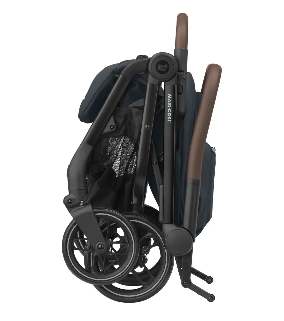 Maxi Cosi Soho travel system with graphite stroller, Pebble 360 Pro car seat, and FamilyFix 360 Pro Slide base, showing side fold.