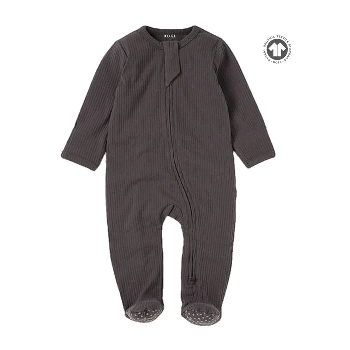 Organic Ribbed Romper With Footies & Mittens | Charcoal - Bubbadue