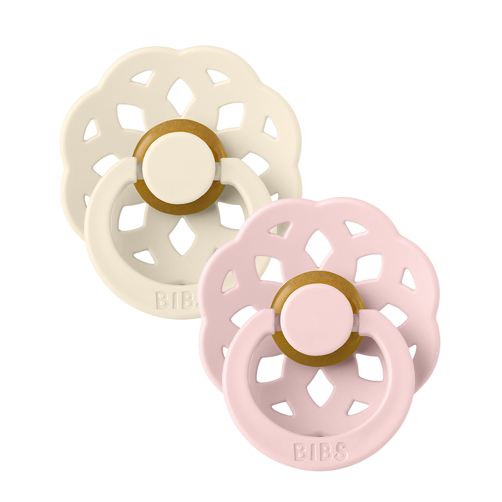 BIBS Boheme 2 Pack pacifiers in Ivory and Blossom with round natural rubber latex nipples.