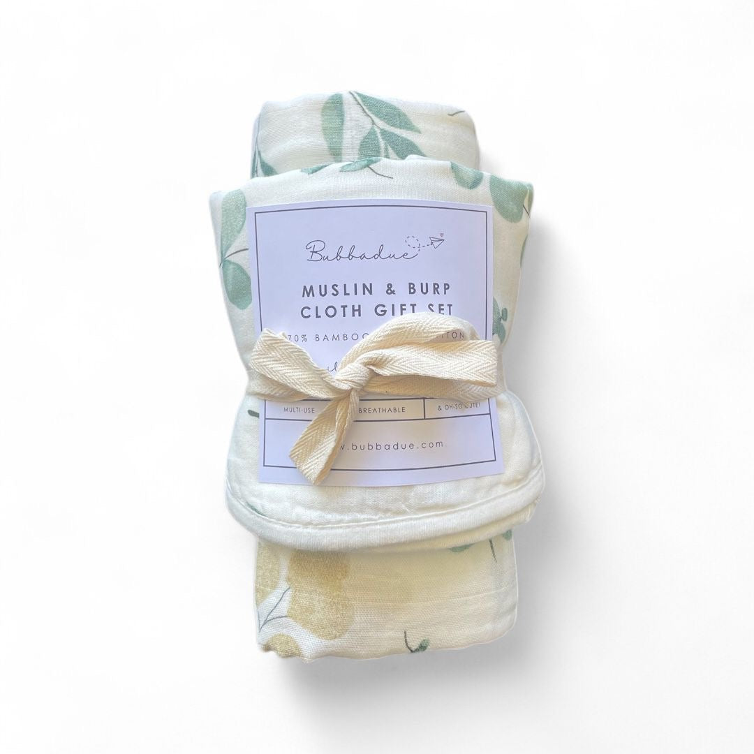 Muslin + Burp Cloth Gift Set - Eucalyptus Dream - Bubbadue