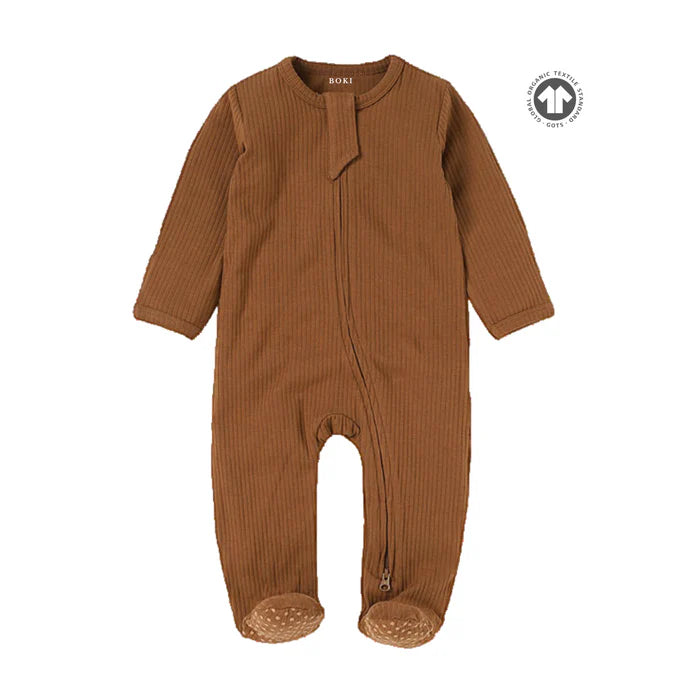 Organic Ribbed Romper With Footies & Mittens | Earthy Brown - Bubbadue
