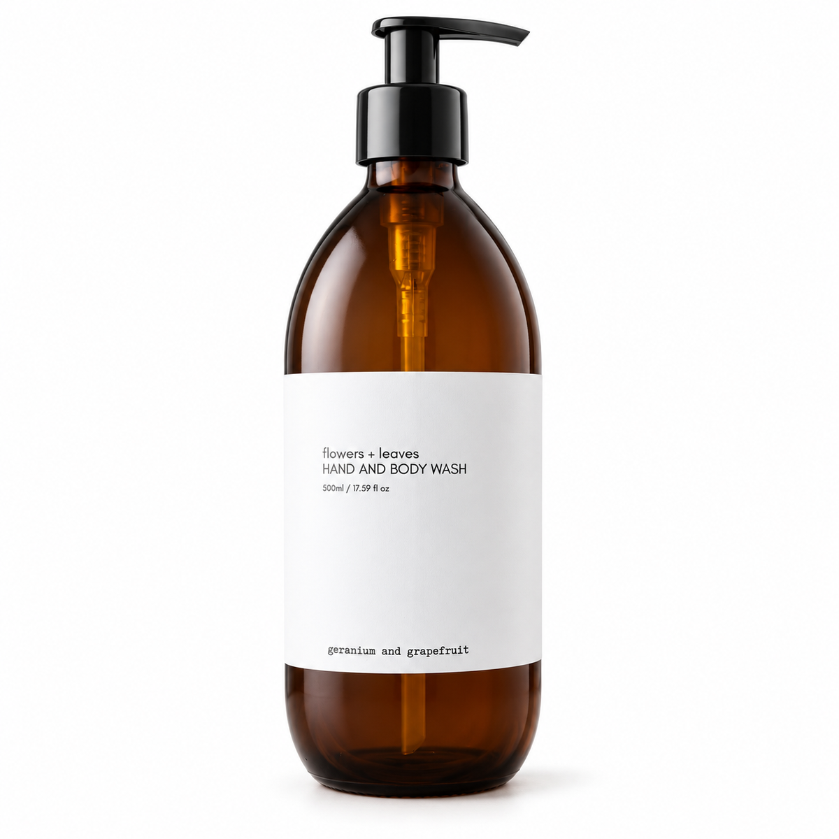 Flowers & Leaves Geranium & Grapefruit hand and body wash bottle with floral and citrus design, 500ml size.
