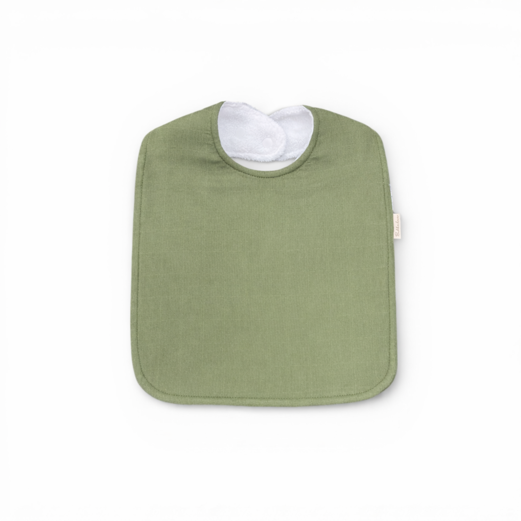 Bubbadue oversized olive feeding bib with a waterproof surface and adjustable neck strap for easy feeding and cleanup.