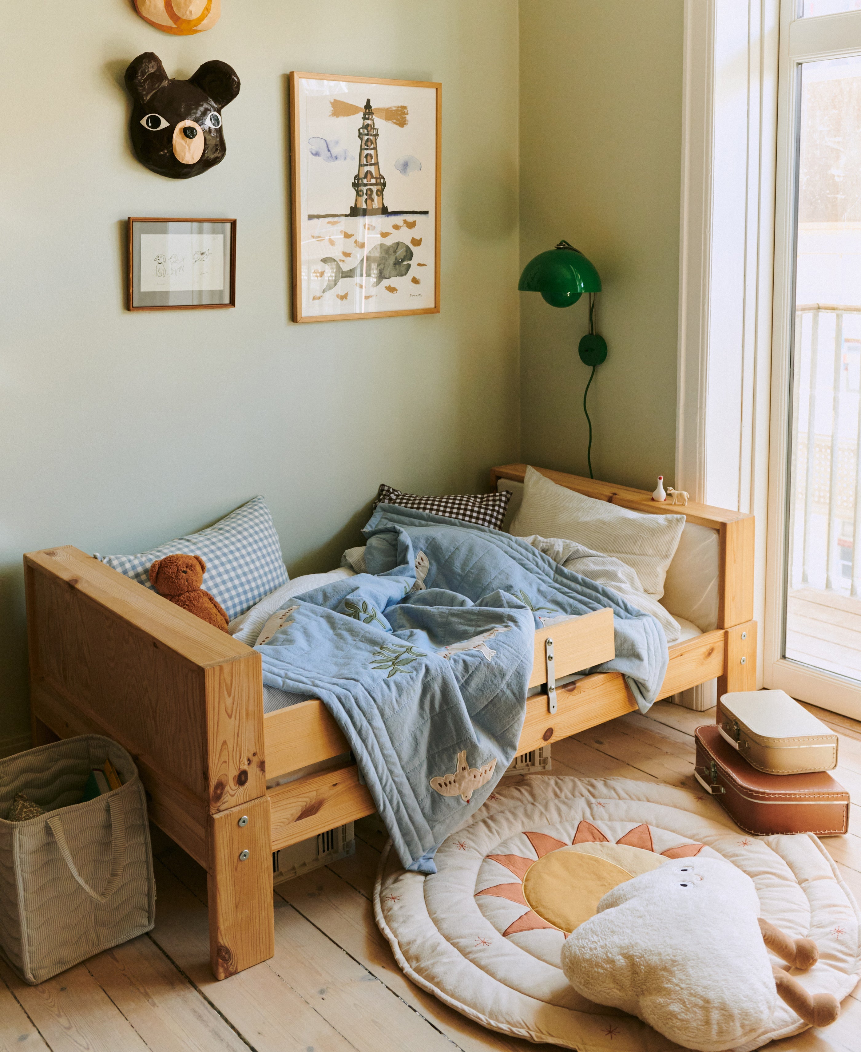 Cassia Blanket, Sky Blue styled with play mat and cushion