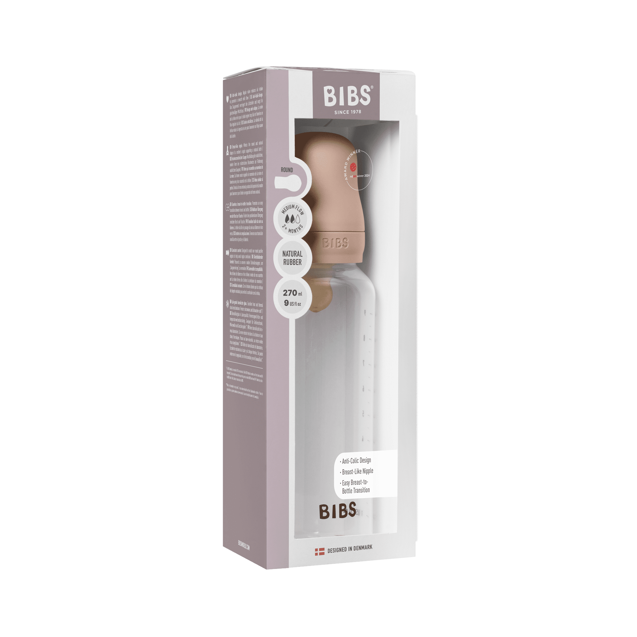 BIBS Baby Bottle 270ml Latex - Blush - Bubbadue