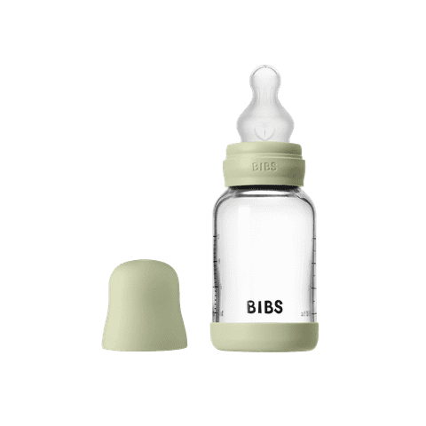 BIBS Glass Baby Bottle 120ml Silicone - Sage - Bubbadue
