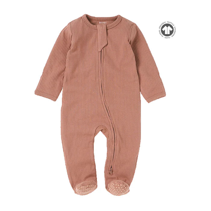 Organic Ribbed Romper With Footies & Mittens | Rust - Bubbadue