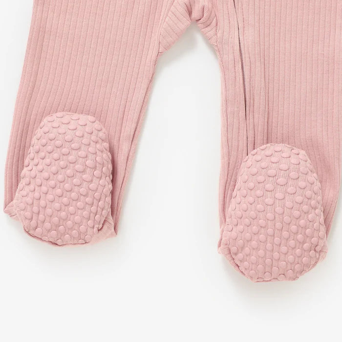 Organic Ribbed Romper With Footies & Mittens | Blush - Bubbadue