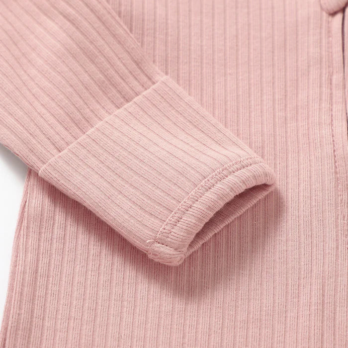Organic Ribbed Romper With Footies & Mittens | Blush - Bubbadue