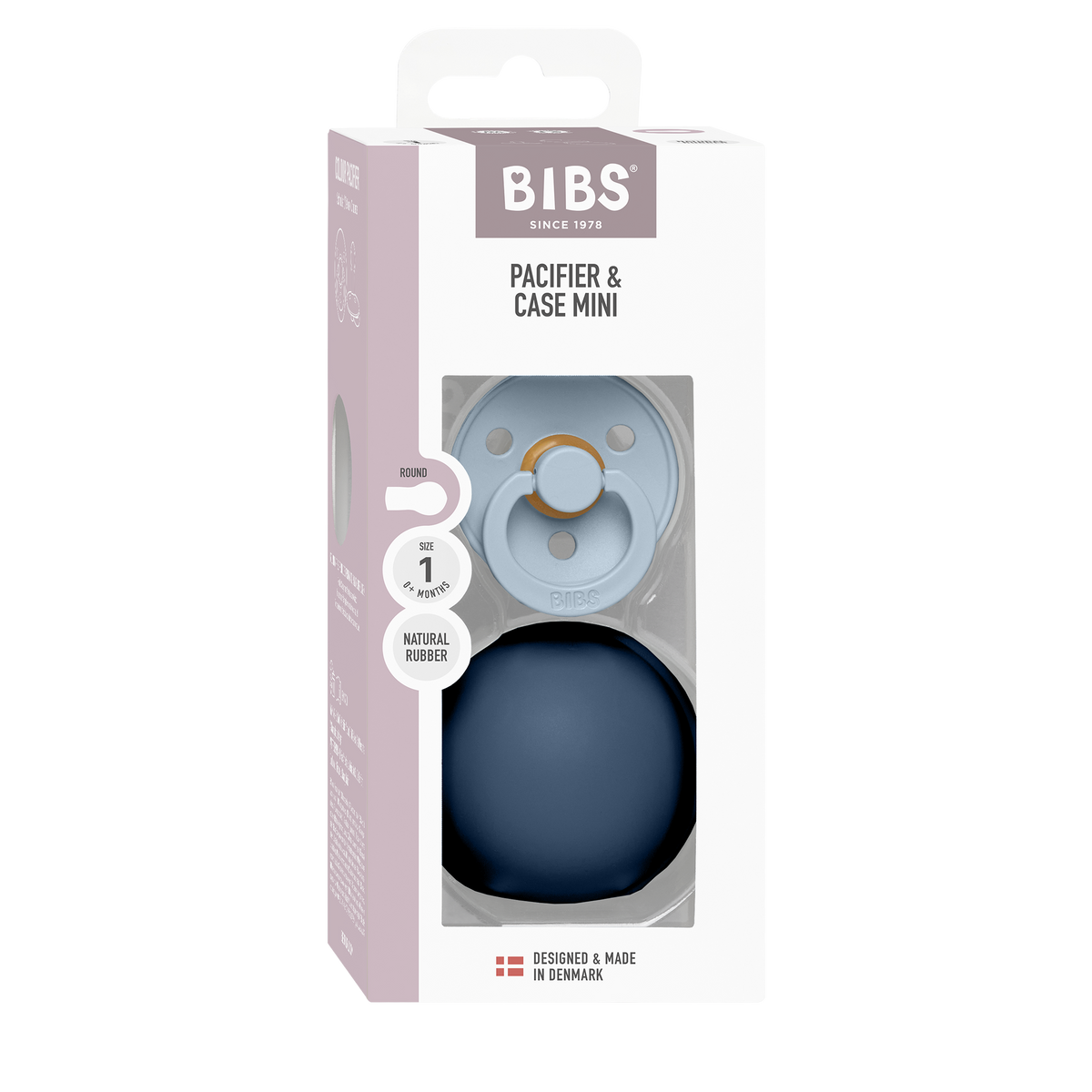 Gnash BIBS Colour Pacifier and Mini Case in baby blue and steel blue, with a pacifier and matching accessories.