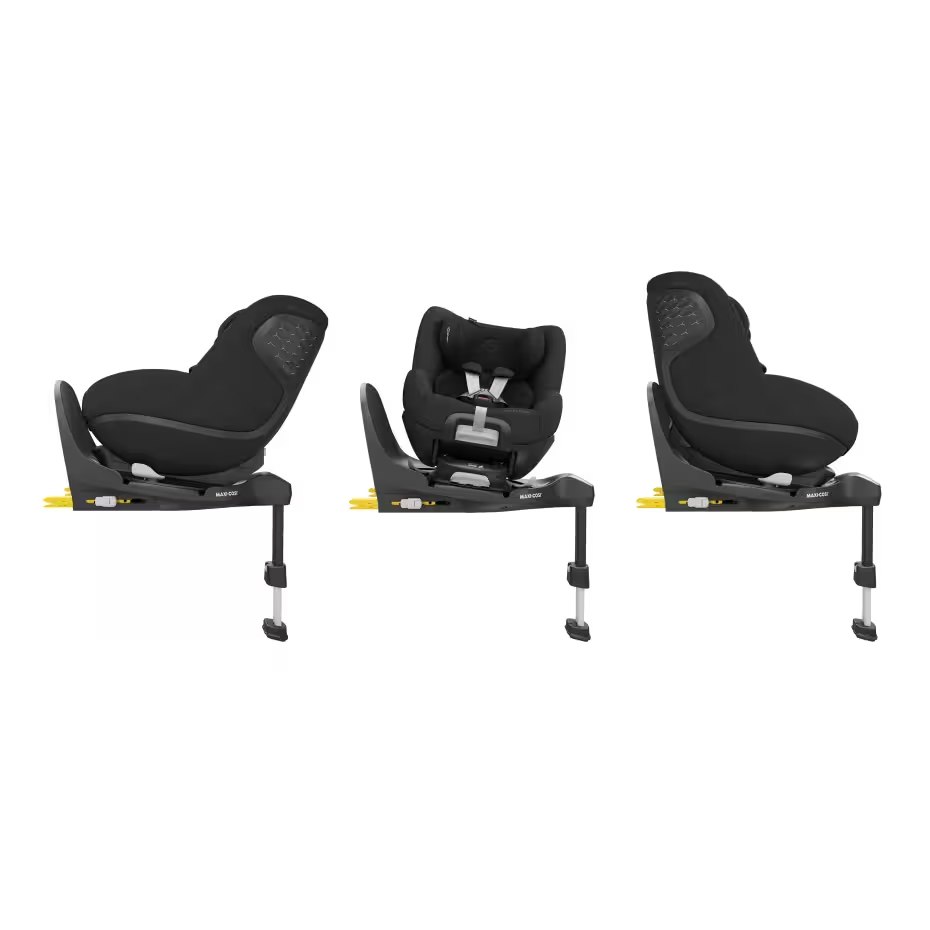 Maxi Cosi Pearl 360 Pro black travel system car seat with flexible spin rotation for infants and toddlers.