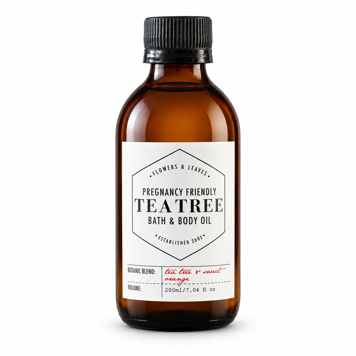 Flowers & Leaves pregnancy-friendly bath and body oil with tea tree and sweet orange, showcasing a 200ml bottle.