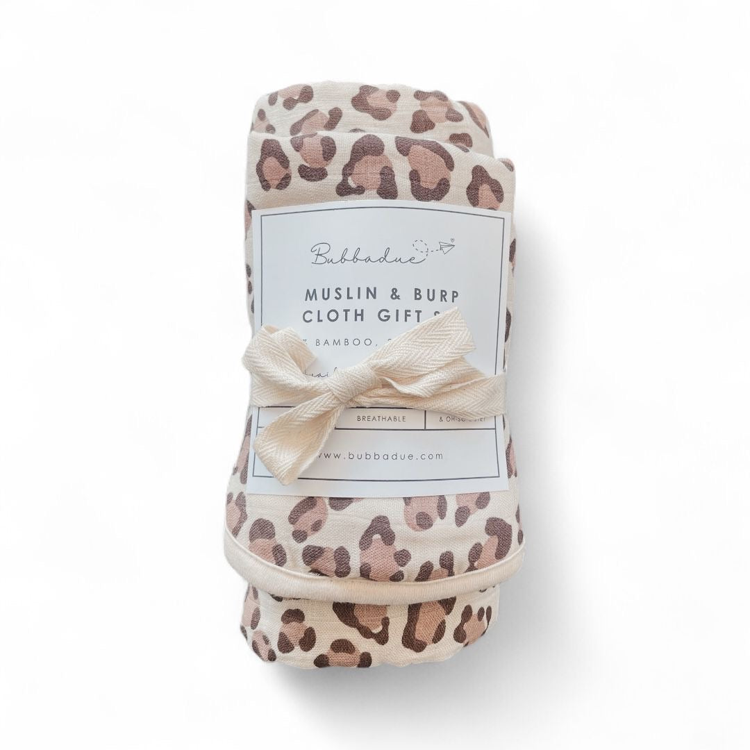 Muslin + Burp Cloth Gift Set - Leopard Print - Bubbadue
