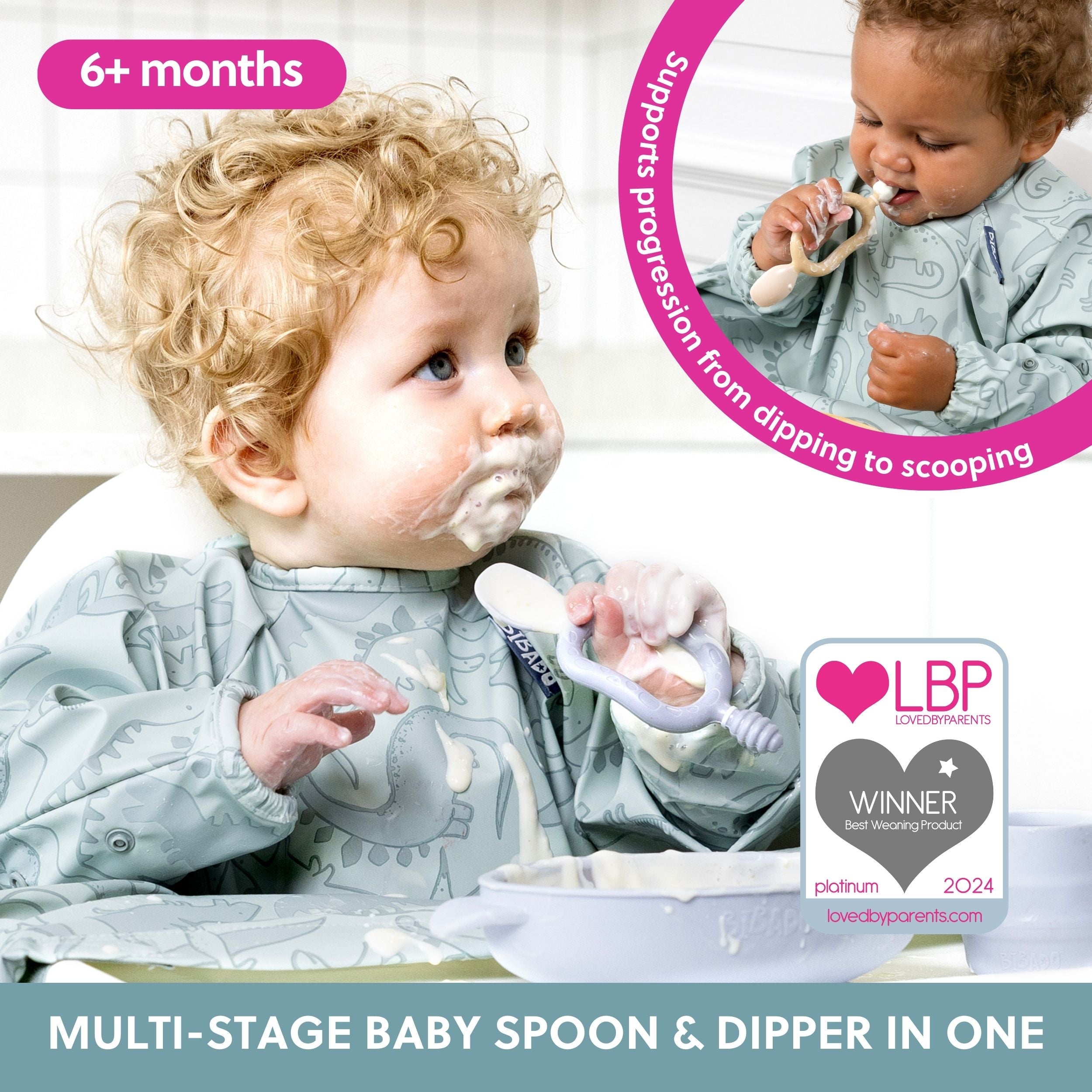 Two Bibado Dippit baby weaning spoons in a 2-pack, pink and white, designed for gentle feeding and easy grip for little hands.