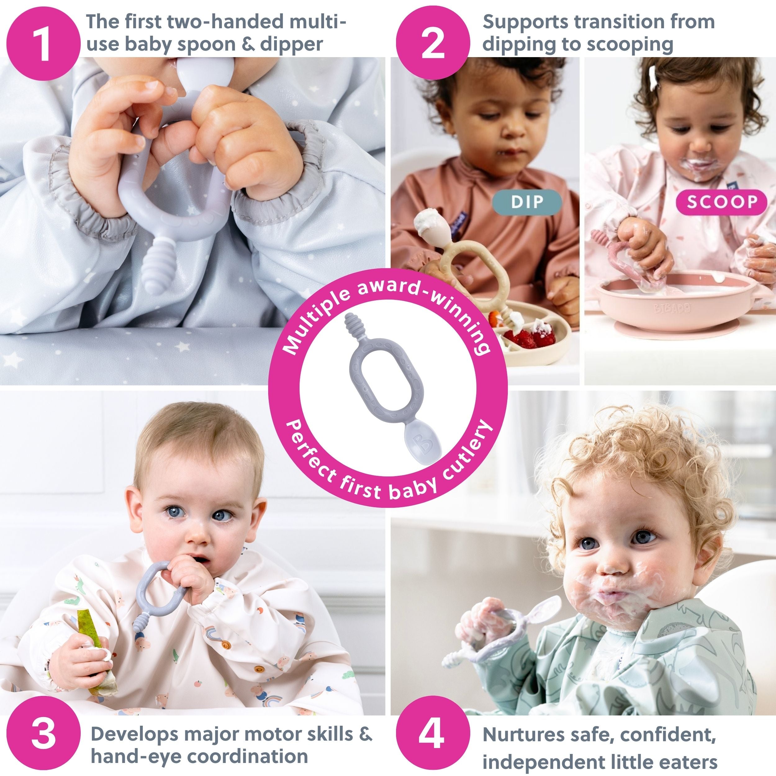 Set of two Bibado Dippit baby weaning spoons in mist color, designed for easy feeding and comfortable grip for little hands.