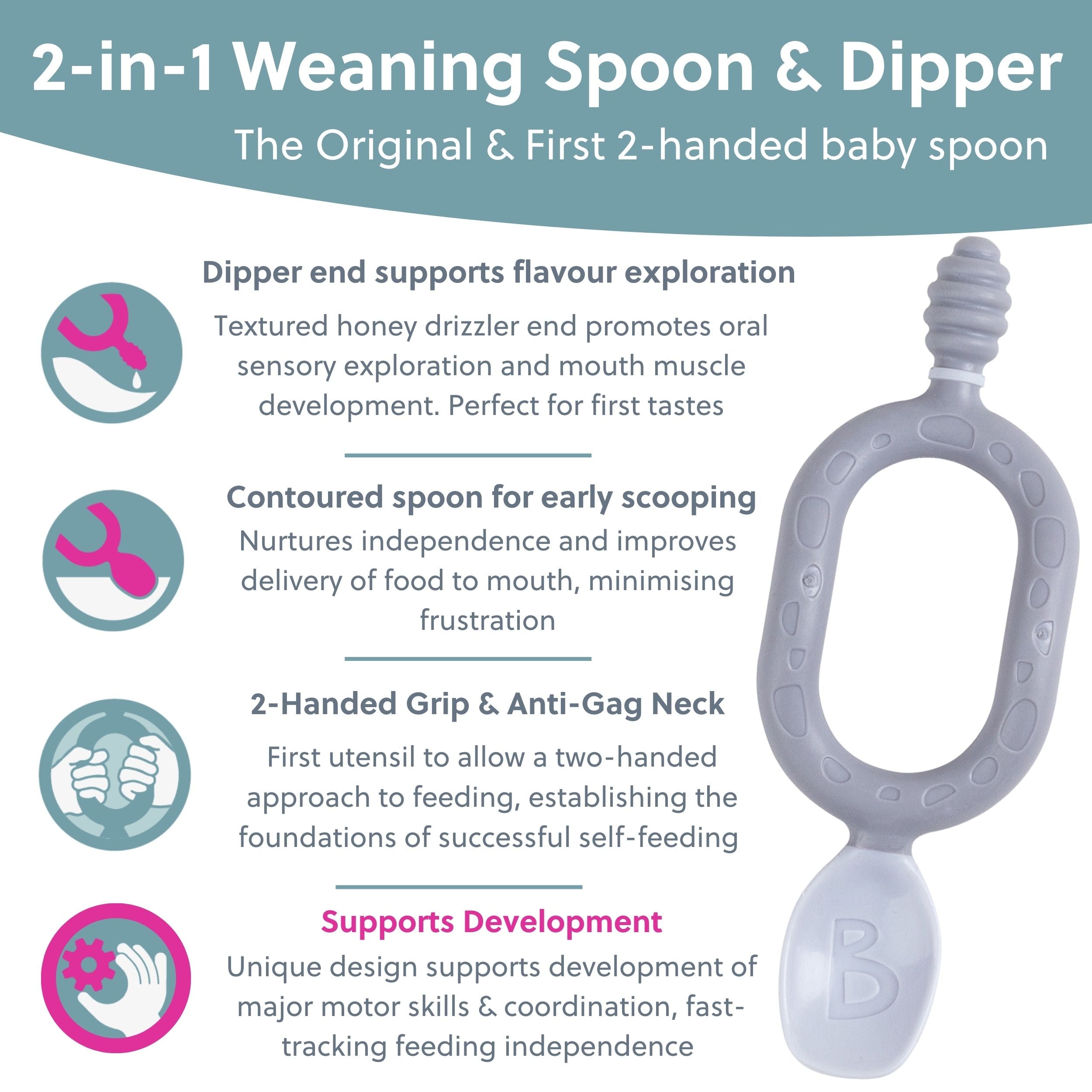 Baby weaning spoons from Bibado Dippit set, soft silicone tips and ergonomic handles, ideal for feeding little ones.