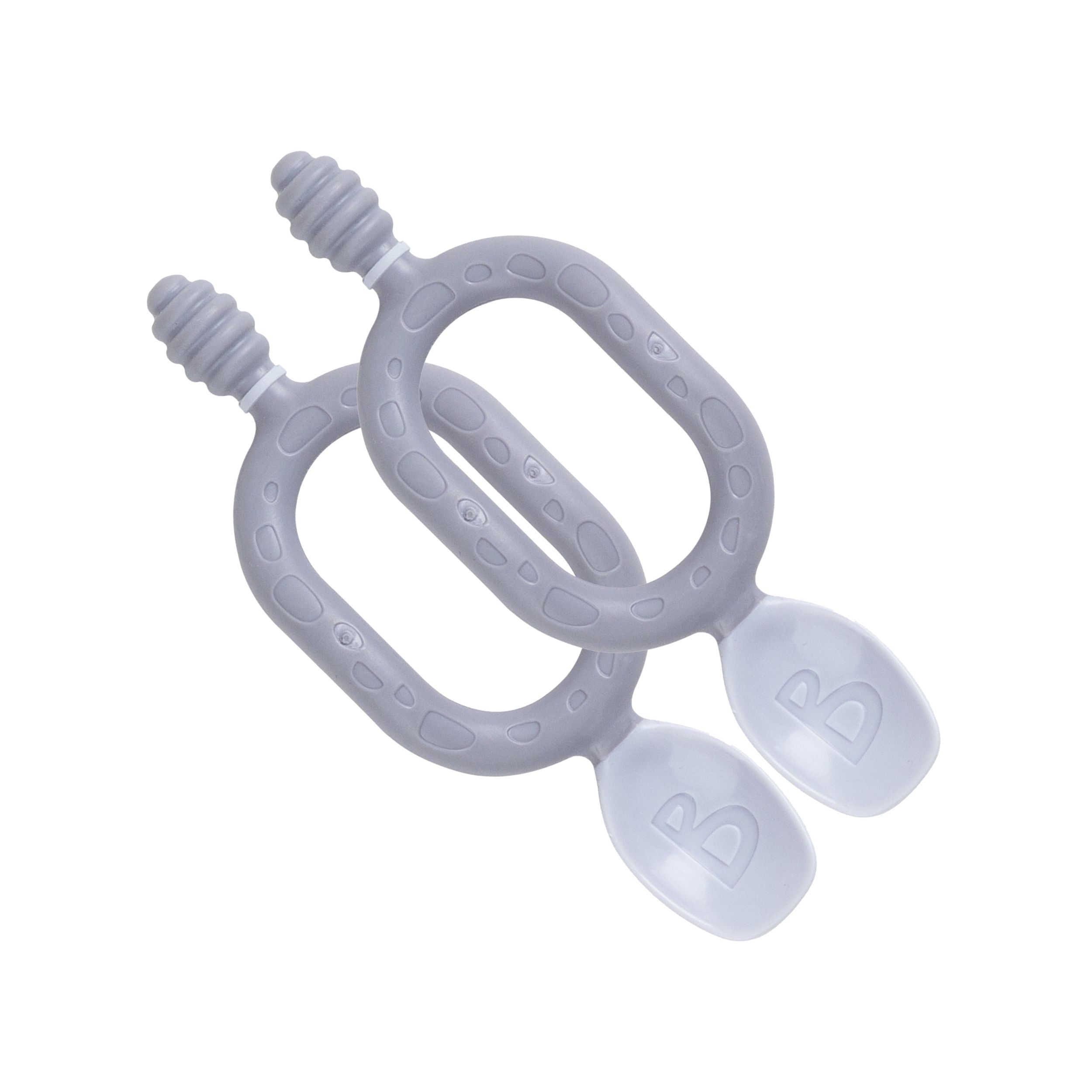 Pink and blue Dippit baby weaning spoons by Bibado, set of 2, with soft handles and rounded tips for gentle feeding.