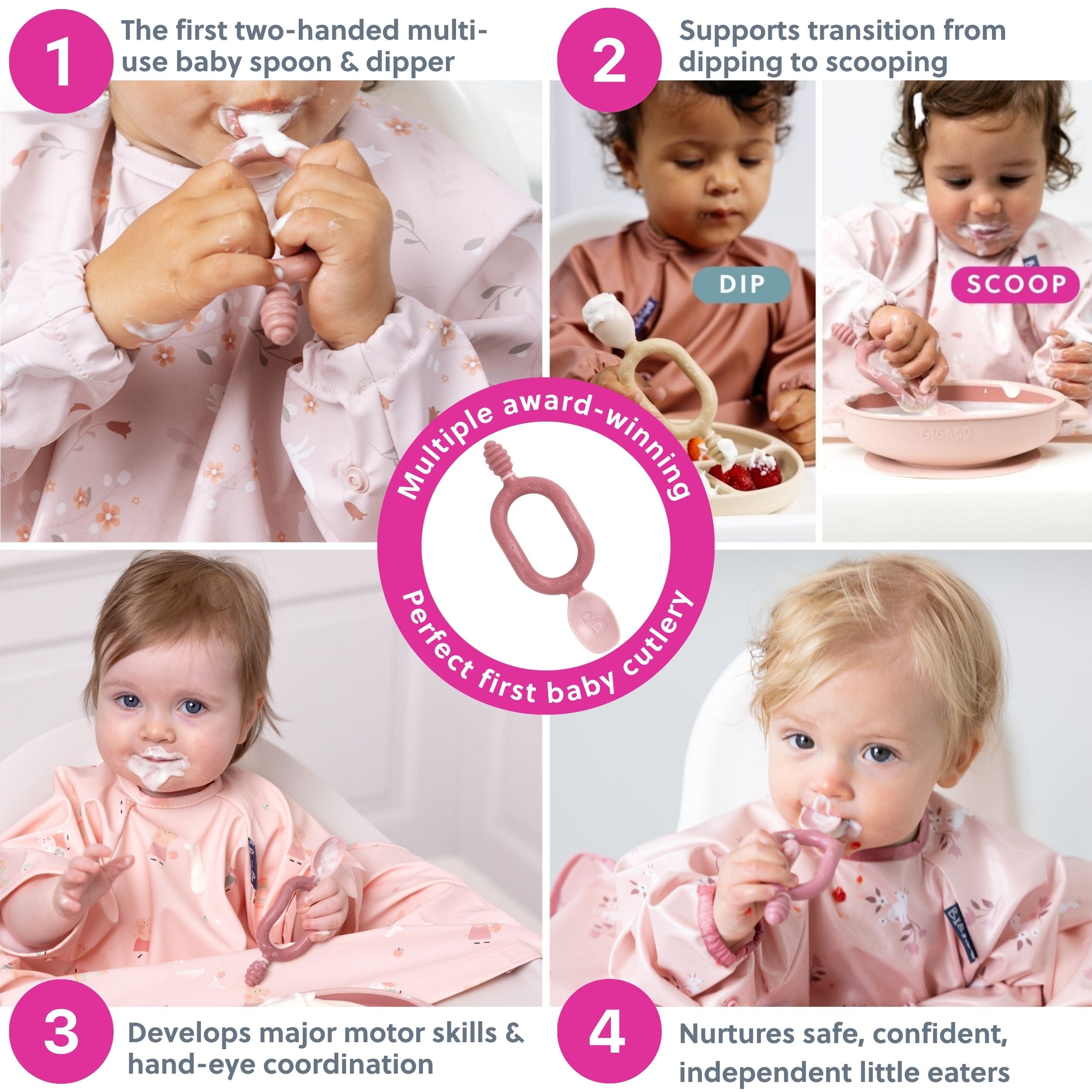 Set of two Bibado Dippit baby weaning spoons in blush pink, designed for gentle feeding and easy grip for little hands.