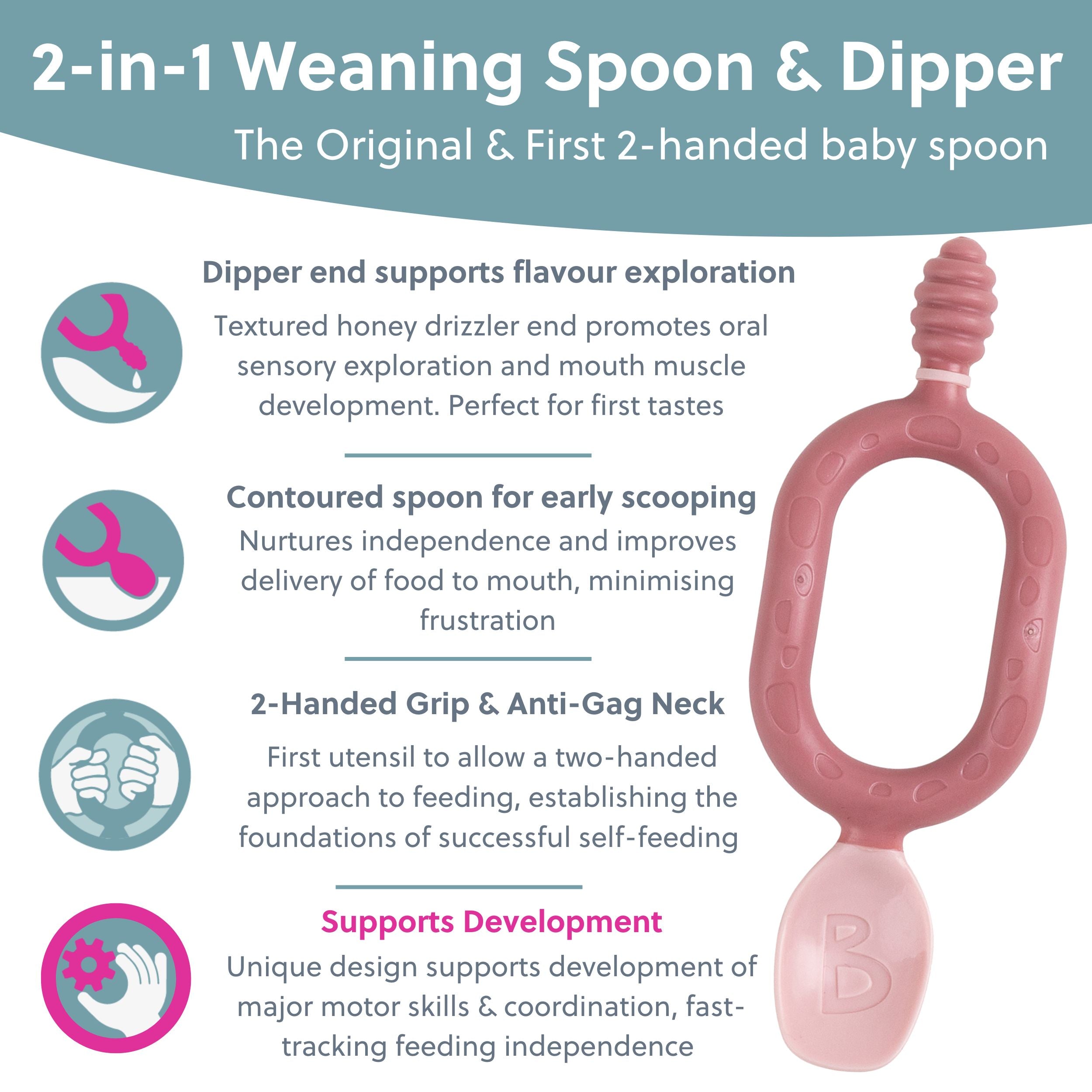 Two blush-colored baby weaning spoons from Bibado's Dippit 2-pack, designed for gentle feeding and easy grip.