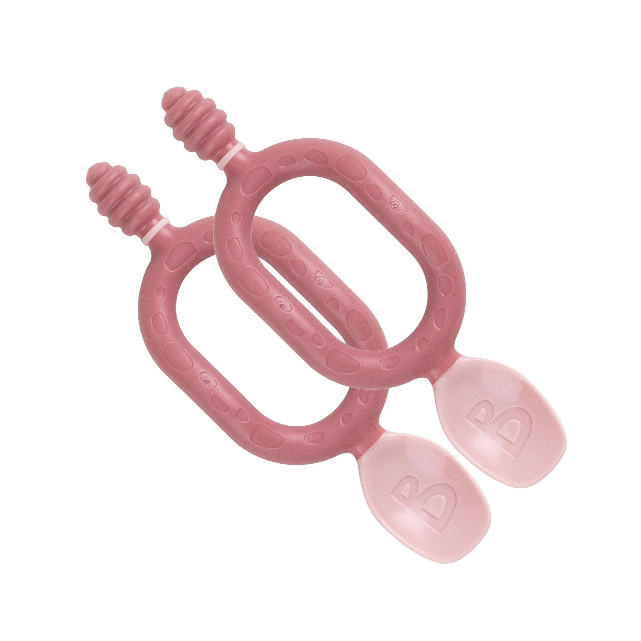 Set of two blush baby weaning spoons by Bibado from the Dippit collection, designed for easy feeding and toddler mealtimes.