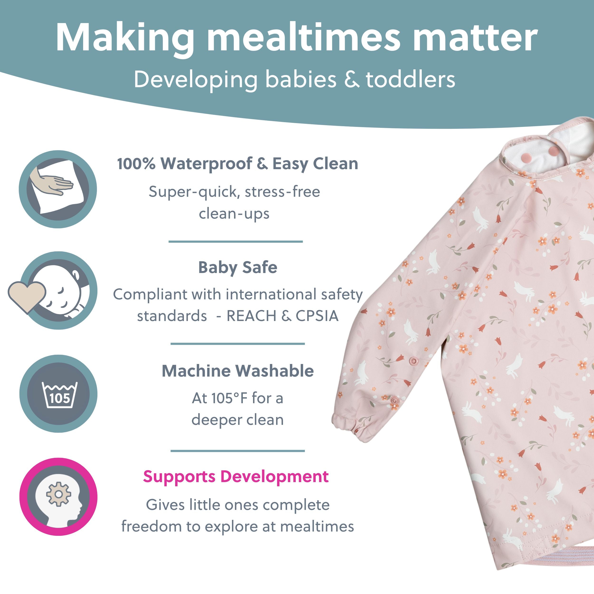 Bibado Botanical Bunnies coverall for babies, featuring a colorful bunny and floral print, made from soft, comfortable fabric.