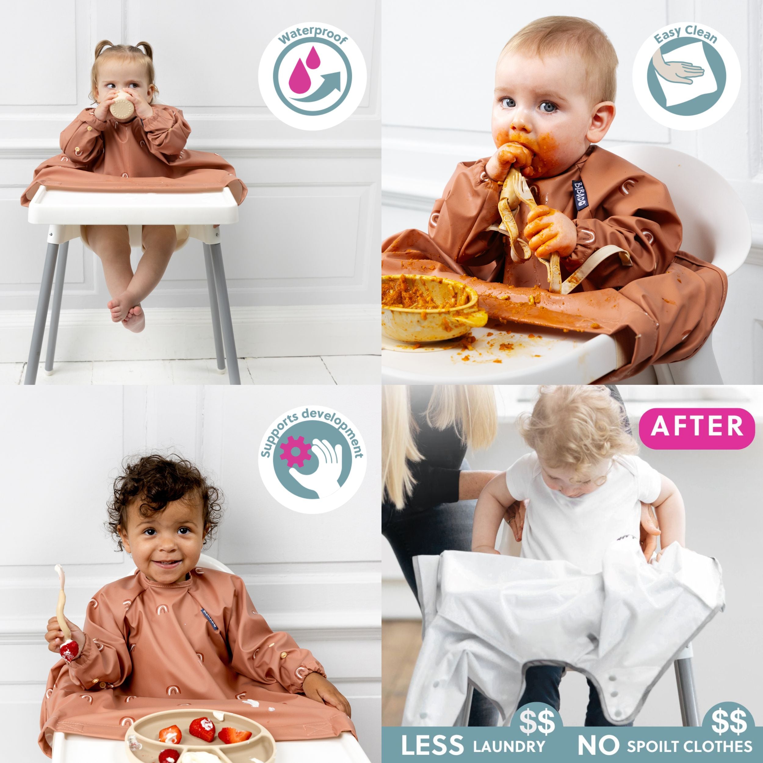 Baby wearing Bibado Chasing Rainbows coverall with colorful rainbow pattern, soft fabric, and comfortable fit.