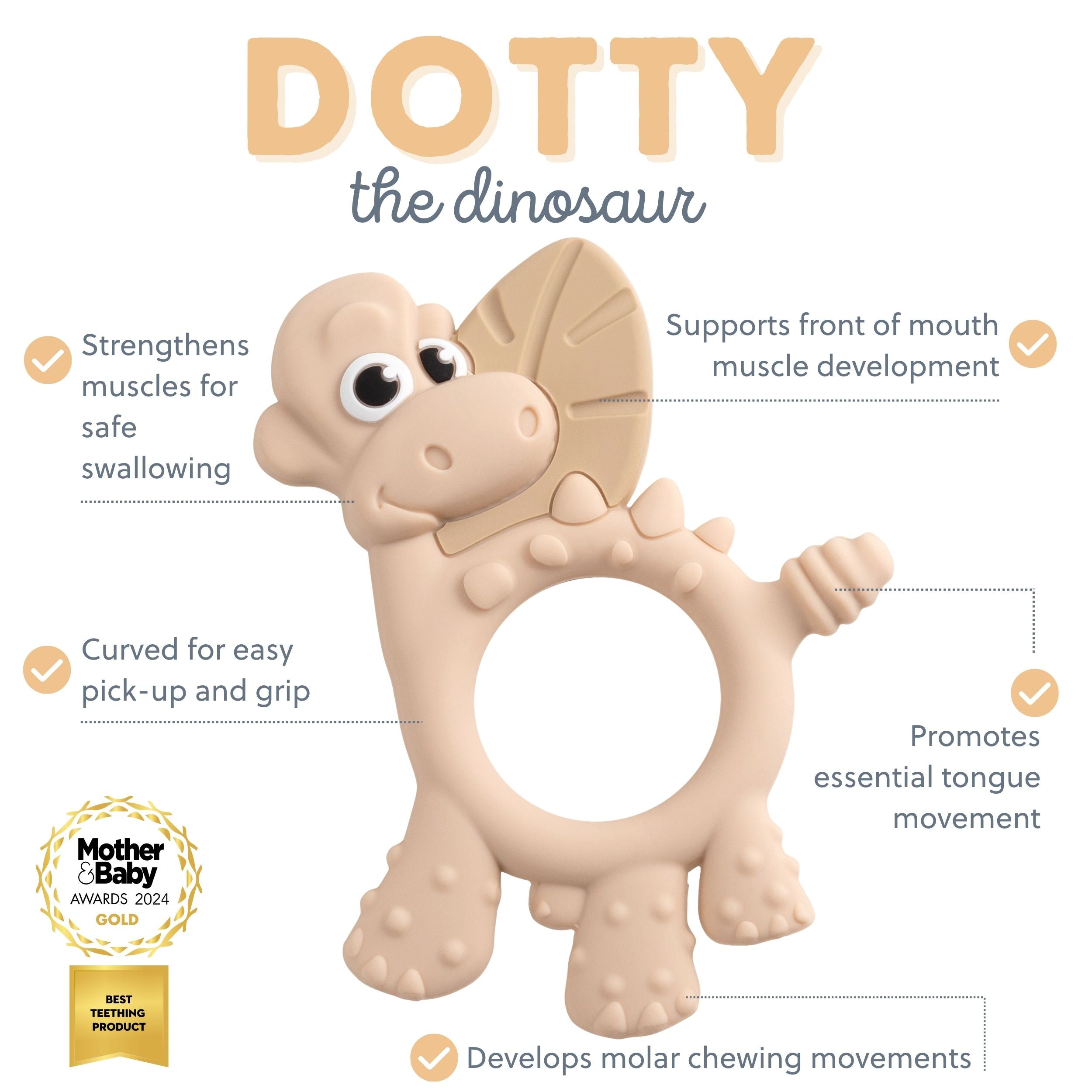 Bibado Sensory Teether Dotty the Dinosaur Fawn with textured surface and soft silicone features for teething relief and sensory play