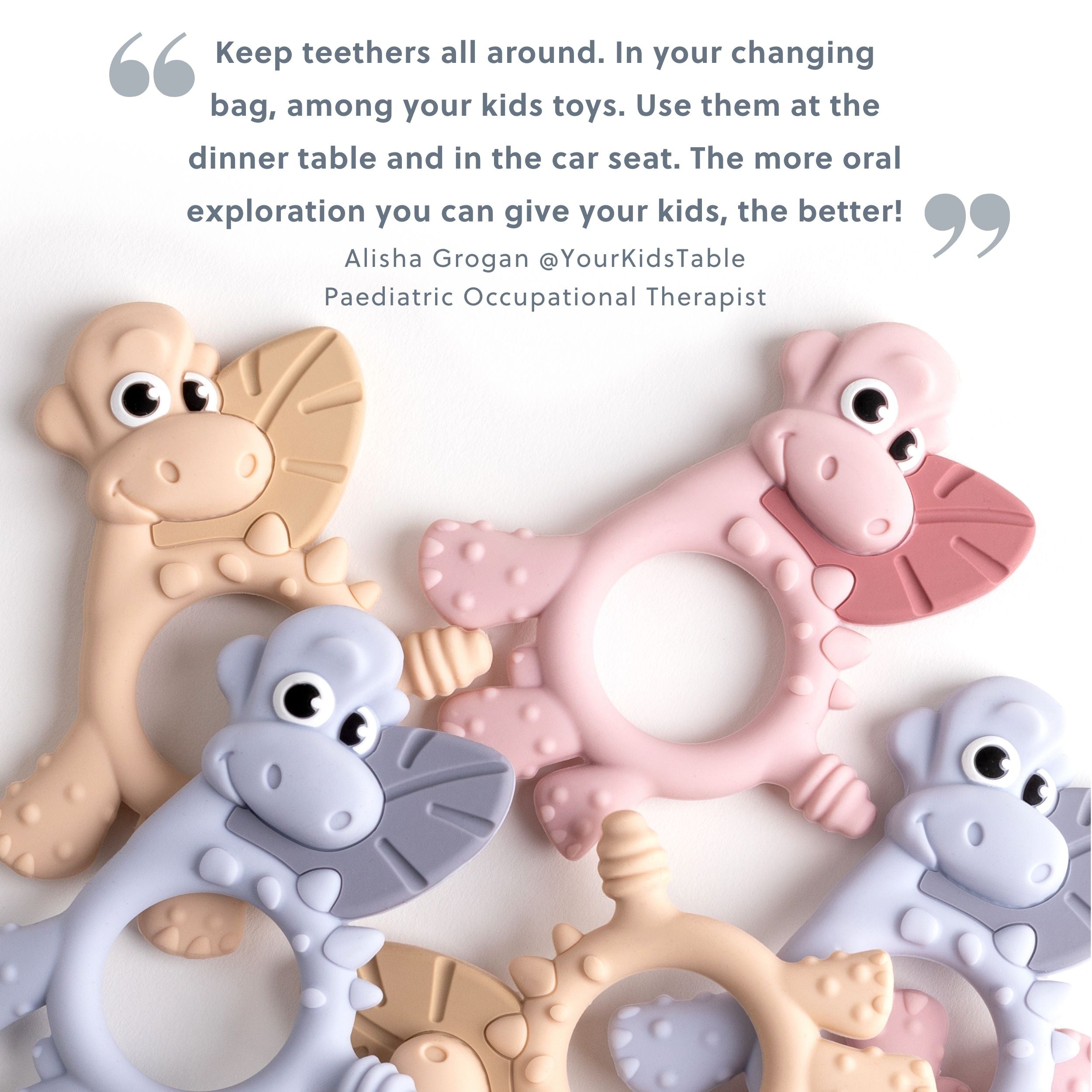 Bibado Dotty the Dinosaur sensory teether in fawn color with textured surface for teething relief and sensory stimulation.
