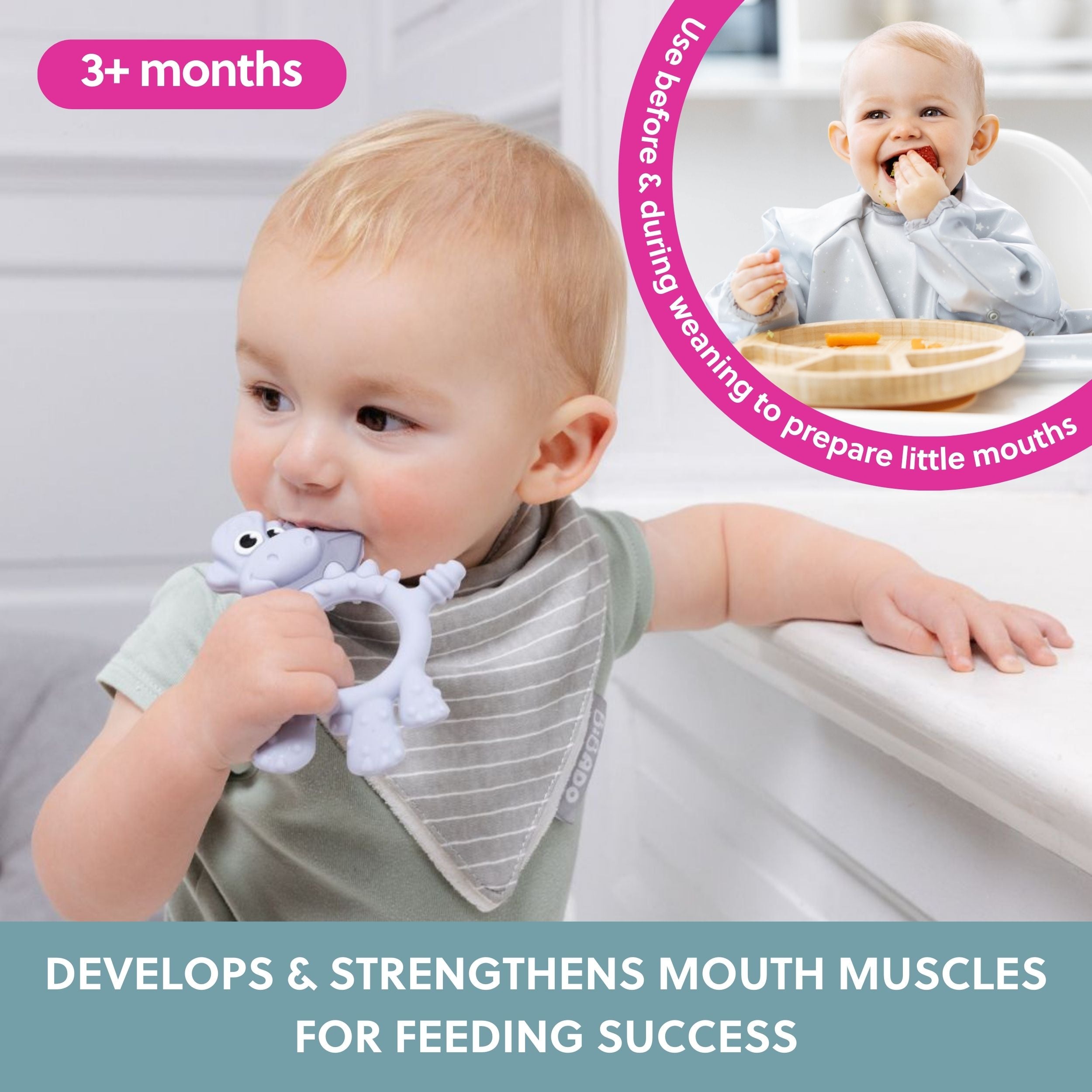 Bibado Dotty the Dinosaur sensory teether with colorful textured surfaces for soothing and teething relief.