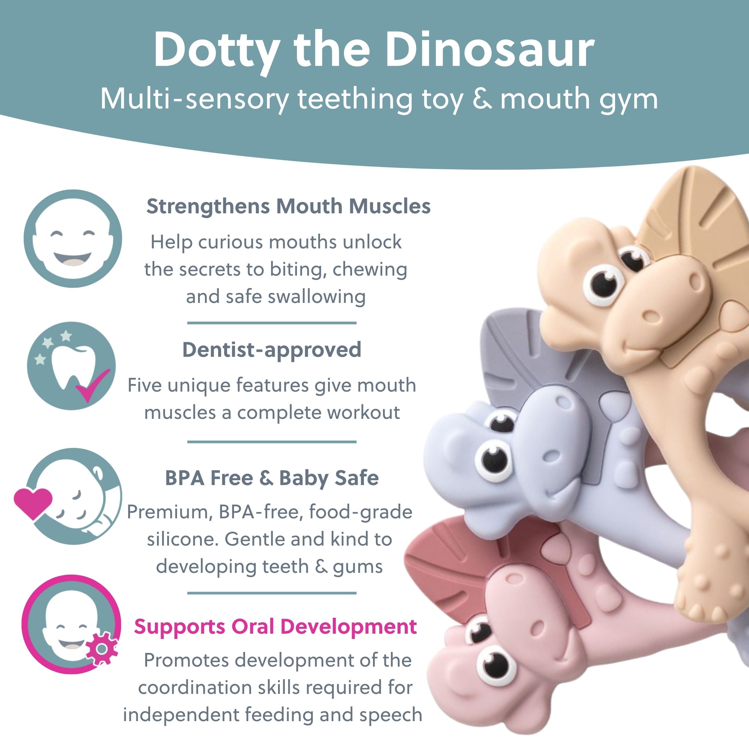 Bibado Dotty the Dinosaur sensory teether with mist, designed for infants, featuring colorful dinosaur design and textured surface for soothing gums.