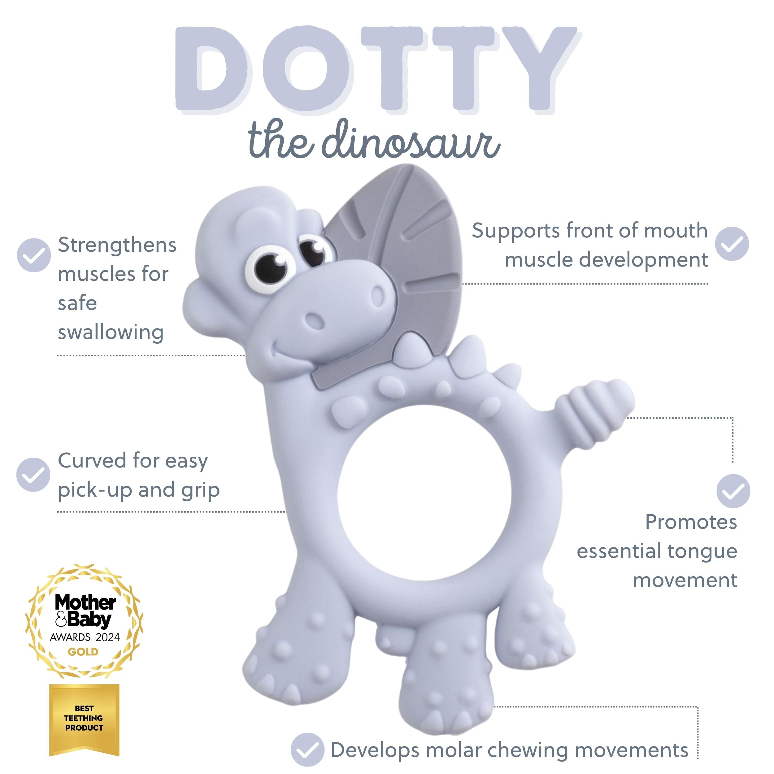 Bibado Dotty the Dinosaur sensory teether with mist feature, designed for infants to soothe and stimulate sensory development.
