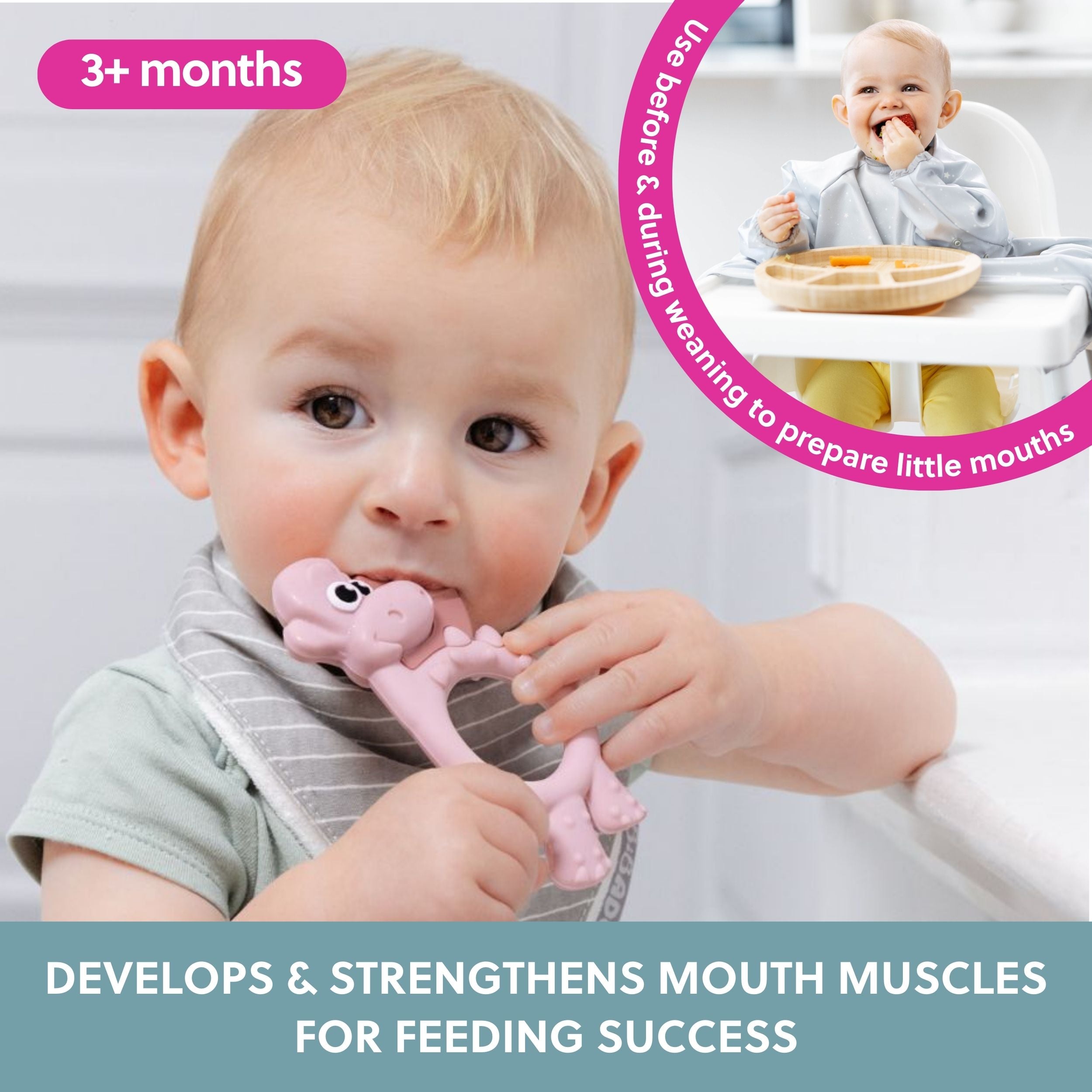 Bibado Dotty the Dinosaur blush sensory teether with textured surface for teething relief and sensory stimulation.