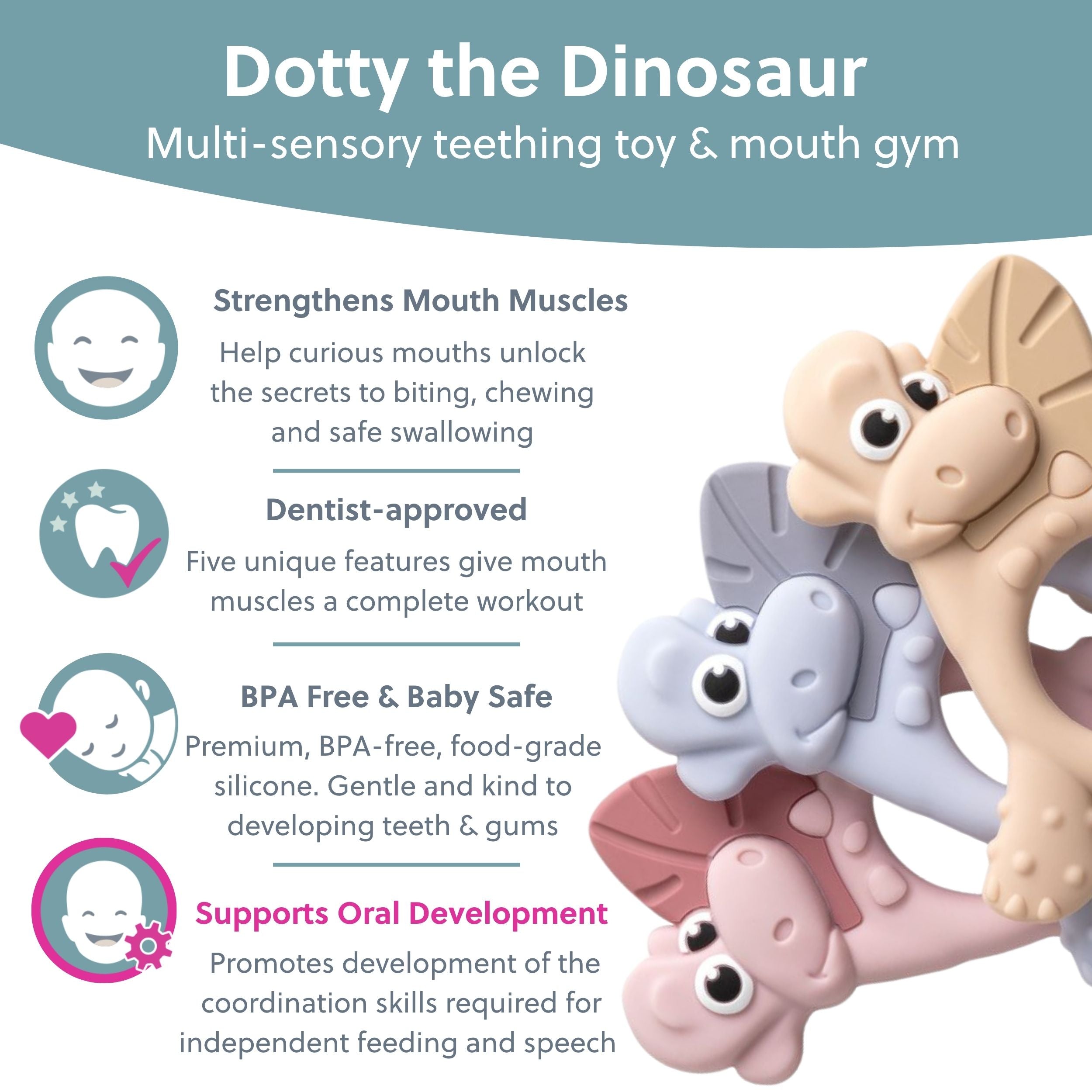 Bibado Dotty the Dinosaur blush sensory teether with textured surfaces and colorful design for baby teething relief.