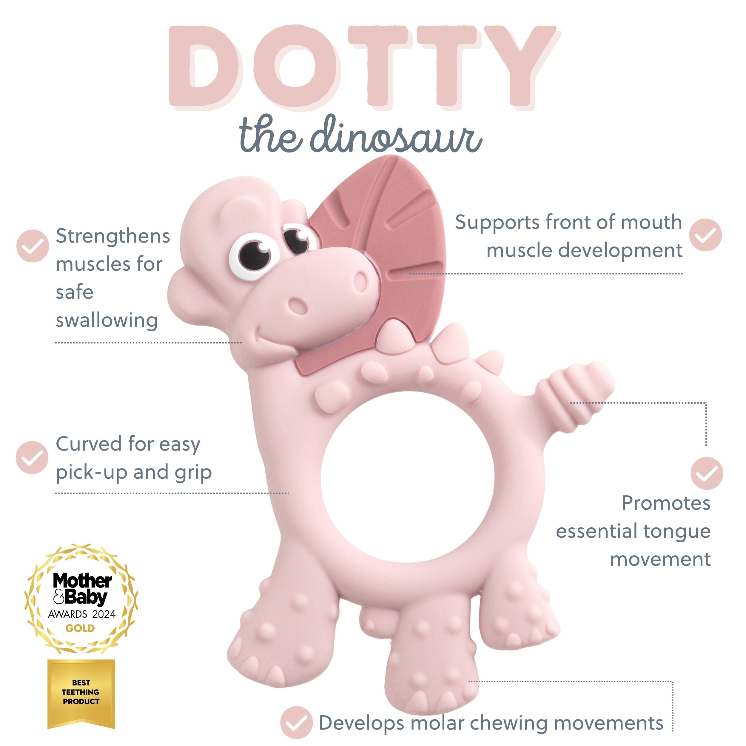 Bibado Dotty the Dinosaur blush sensory teether with textured surfaces and colorful design for tactile and soothing comfort.