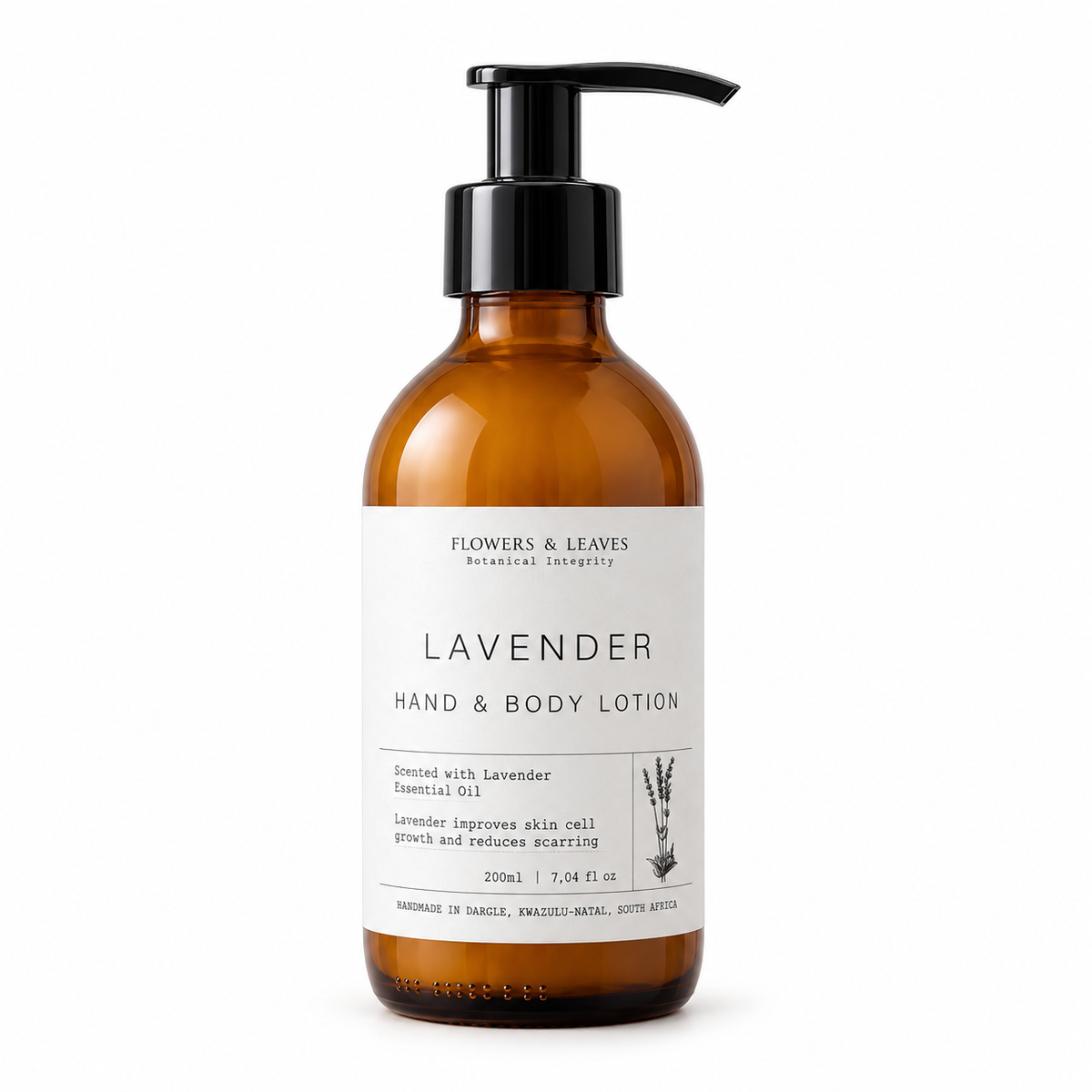 Flowers & Leaves Lavender hand and body lotion in a 200ml bottle with floral and leaf design.