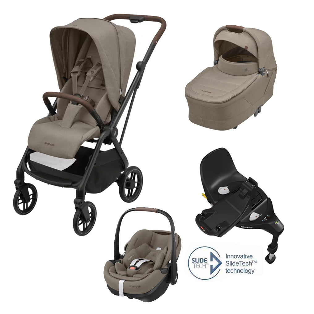 Leona² Travel System: Leona² Stroller + Sense Carrycot + Pebble 360 Pro Car Seat + FamilyFix 360 Pro Slide Base - Twillic Truffle - Bubbadue