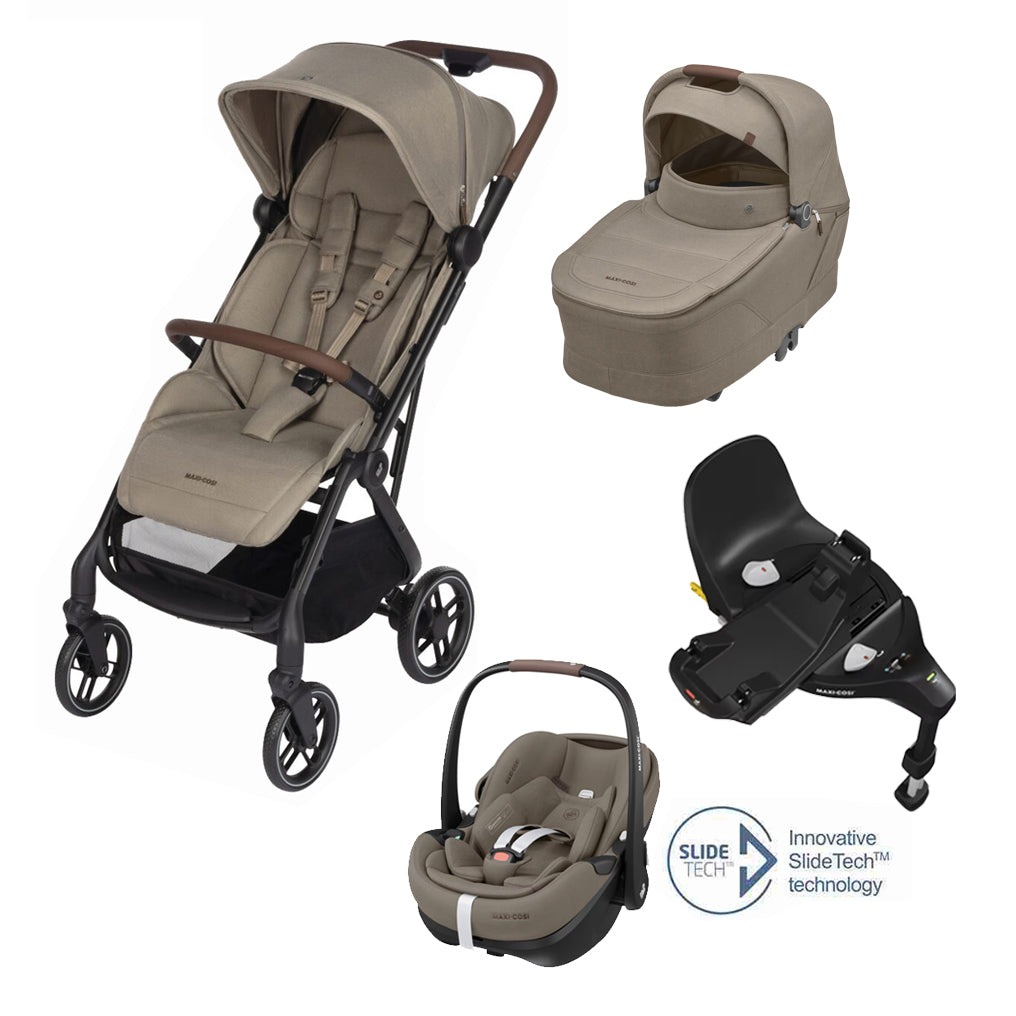 Soho Travel System: Soho Stroller + Sense Carrycot + Pebble 360 Pro Car Seat + FamilyFix 360 Pro Slide Base - Truffle - Bubbadue