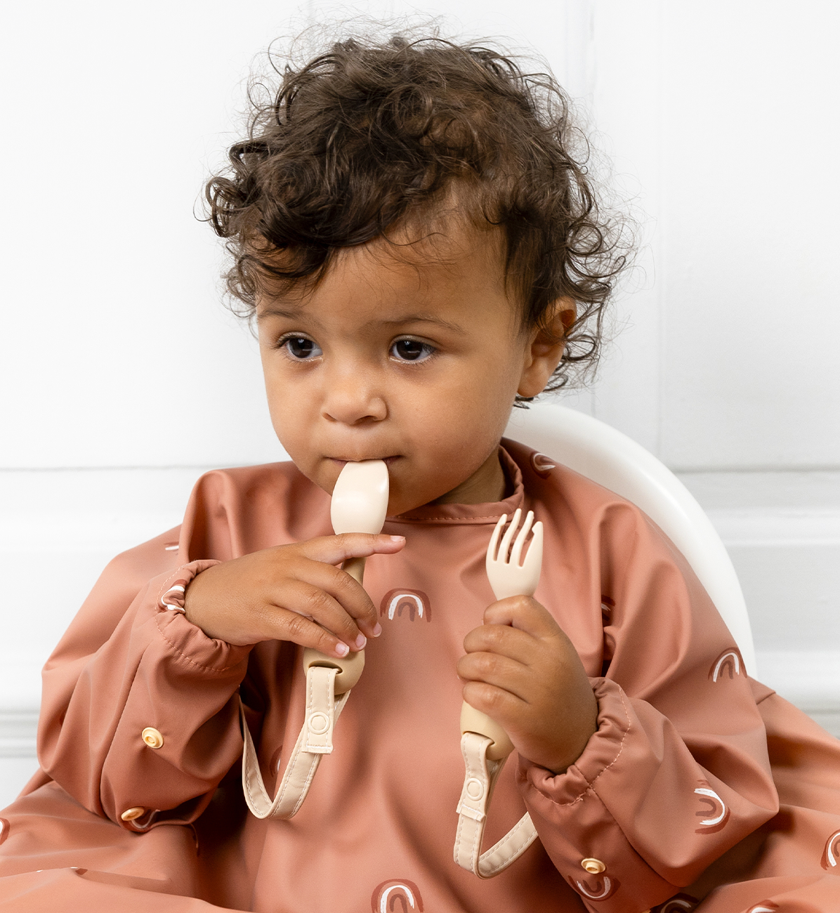 Bibado Handi Cutlery set in fawn color with ergonomic handles, designed for easy gripping and feeding assistance.
