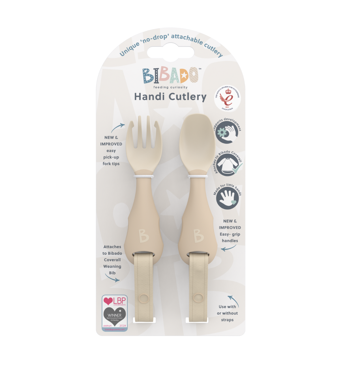 Bibado Handi Cutlery in Fawn, ergonomic toddler utensils with easy-grip handles, designed for young children learning to eat.
