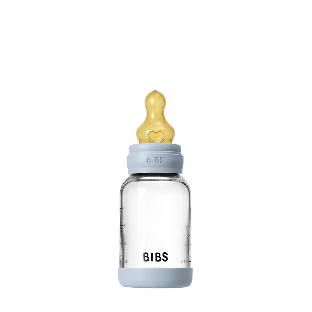 BIBS Glass Baby Bottle 120ml Latex - Baby Blue